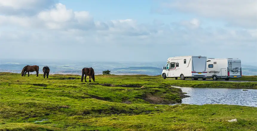 Zwei Wohnmobile neben einer grünen Wiese mit Pferden im Dartmoor Park