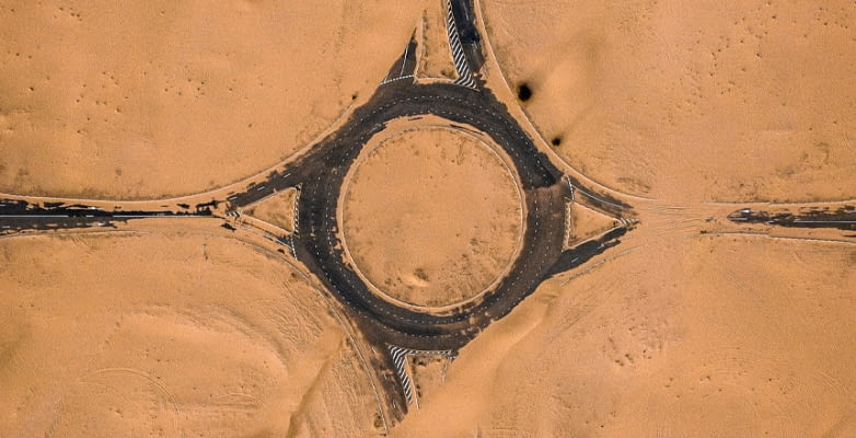 Mit Sand verwehte Straßenkreuzung in Dubai von oben